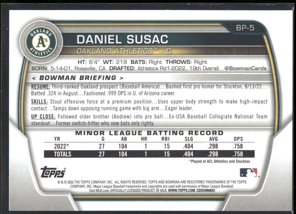 2023 Bowman #BP-5 Daniel Susac Prospects