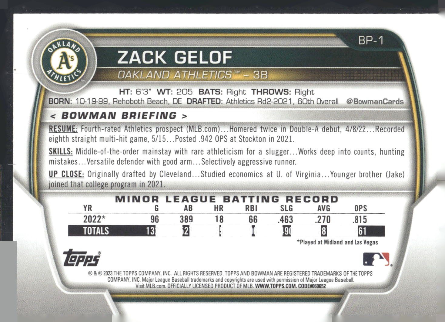 2023 Bowman #BP-1 Zack Gelof Prospects