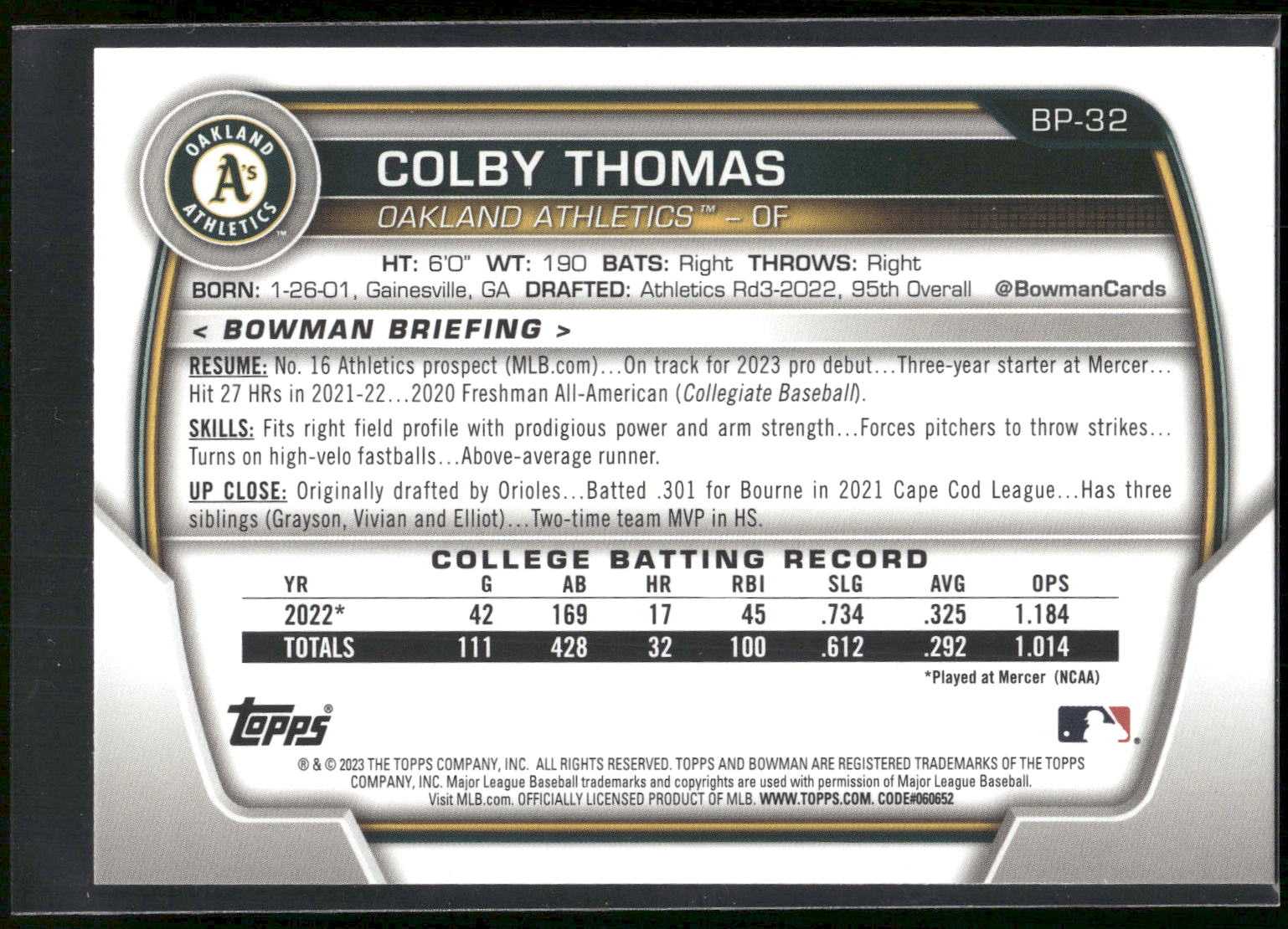 2023 Bowman #BP-32 Colby Thomas Prospects