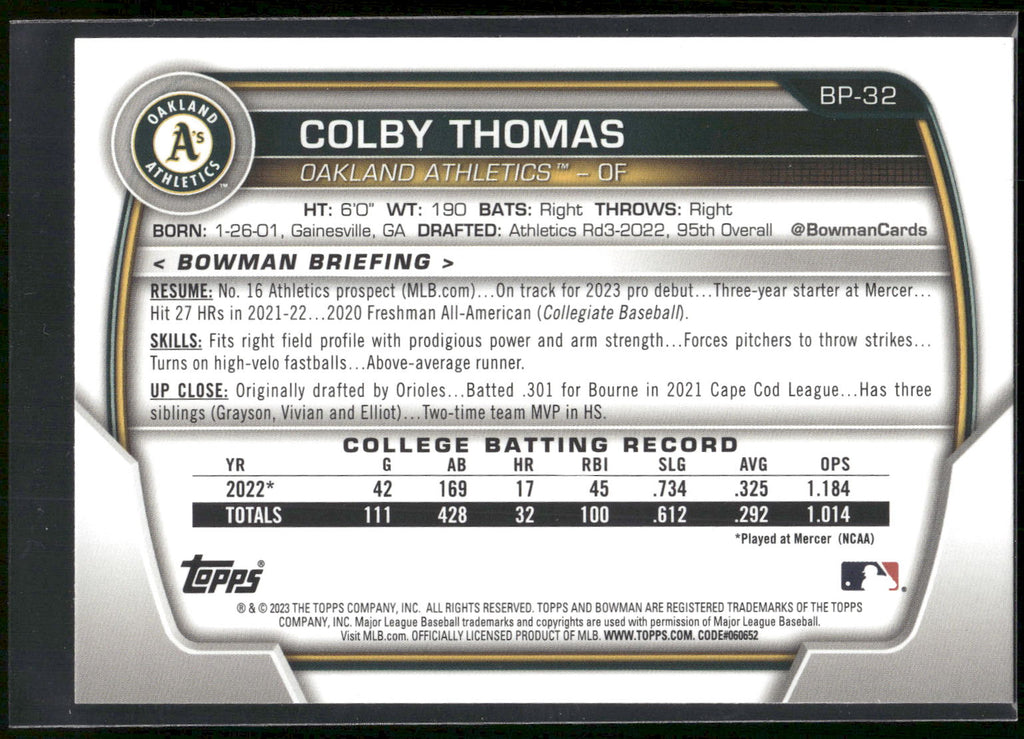 2023 Bowman #BP-32 Colby Thomas Prospects