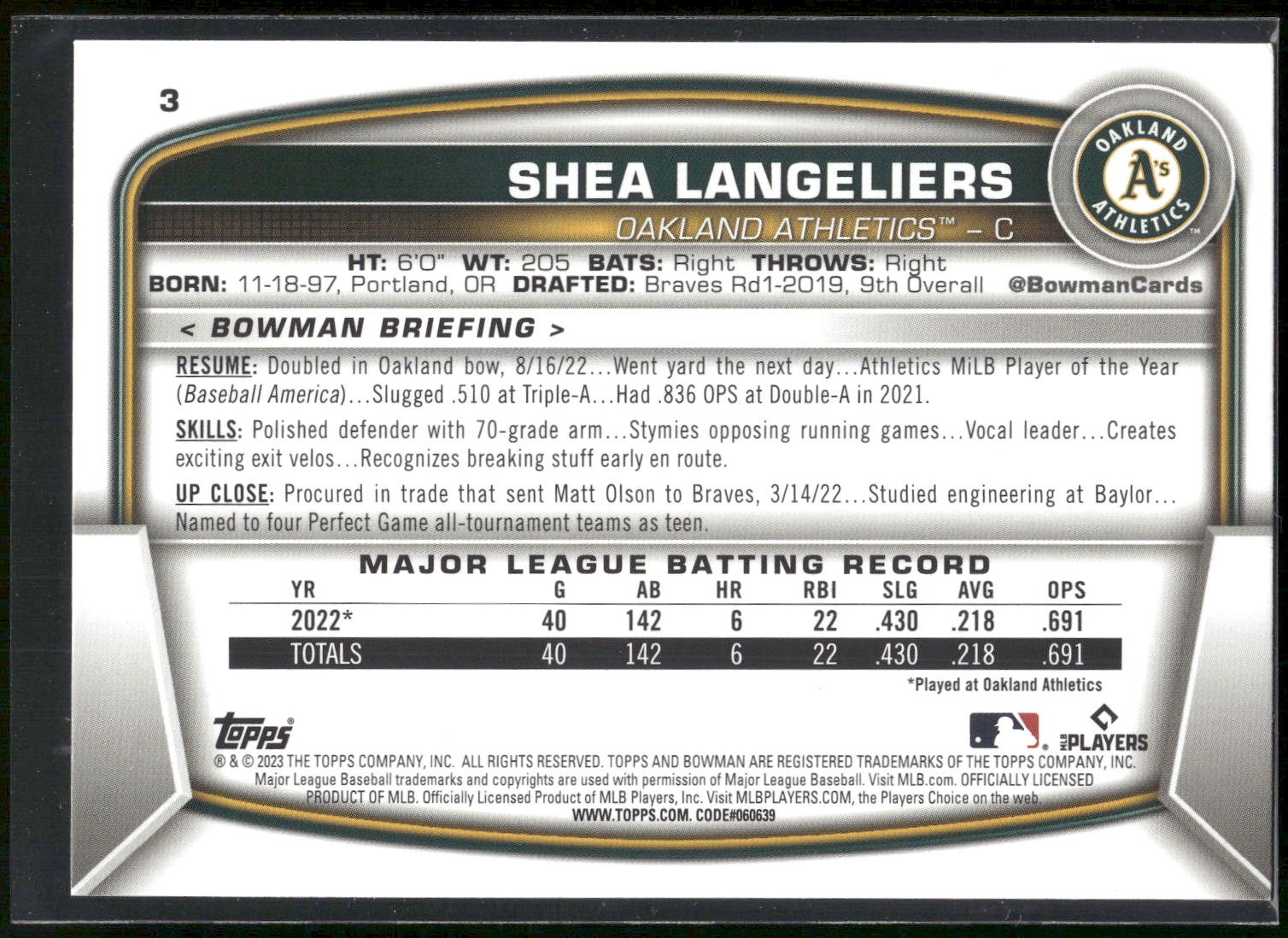 2023 Bowman #3 Shea Langeliers