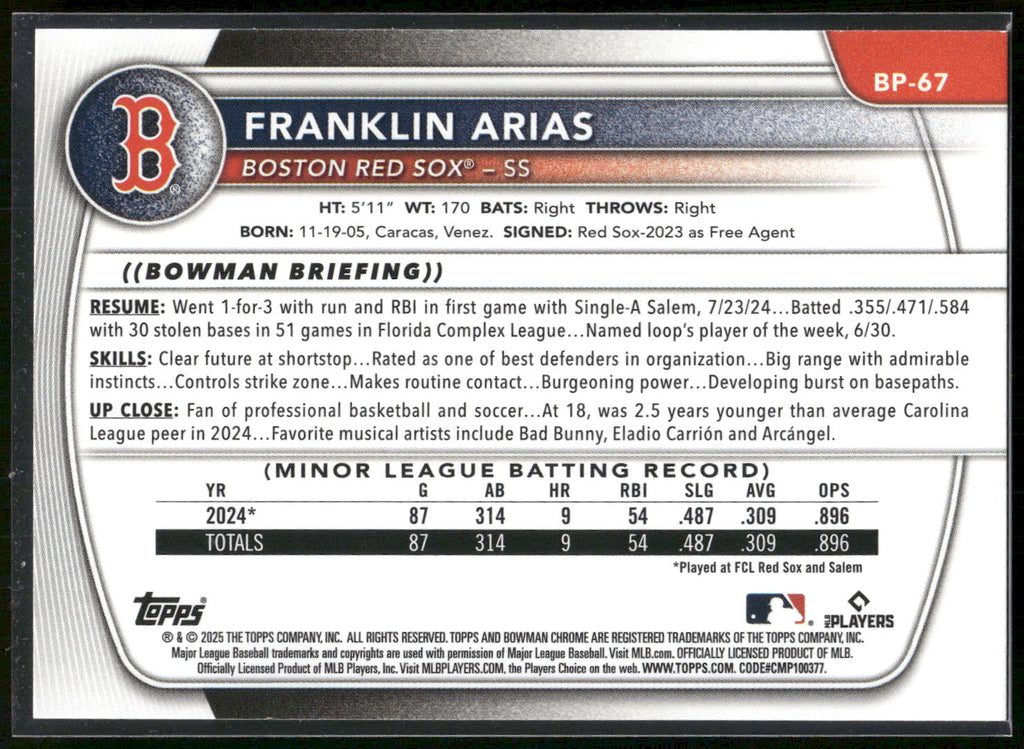 2025 Bowman #BP-67 Franklin Arias Prospects