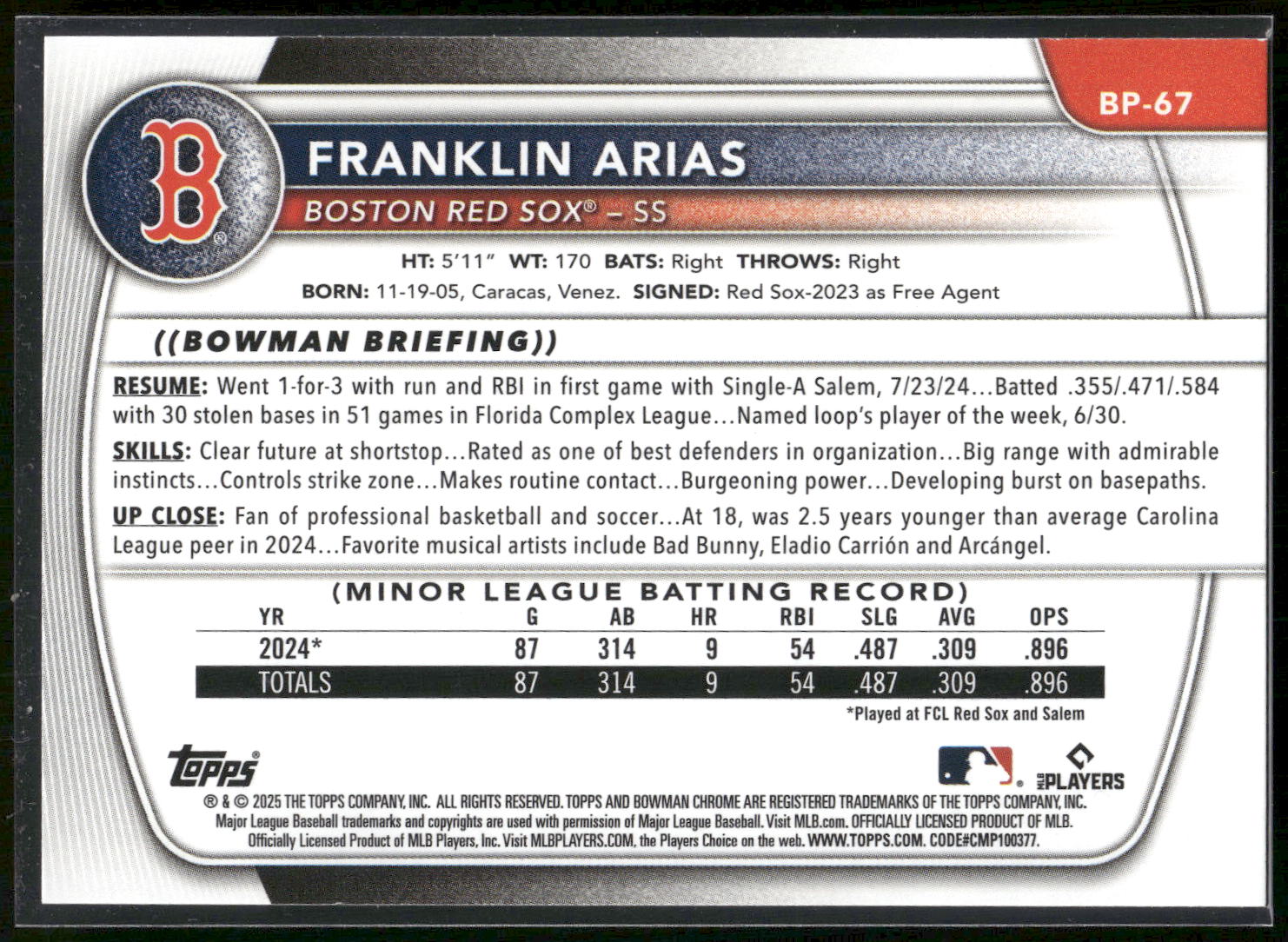 2025 Bowman #BP-67 Franklin Arias Prospects