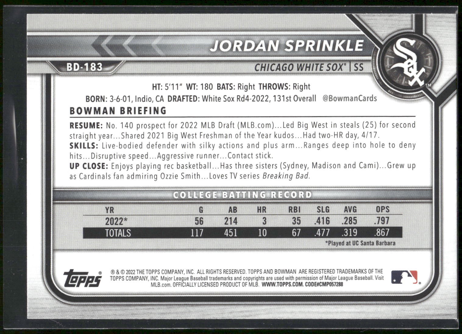2022 Bowman Draft #BD-183 Jordan Sprinkle