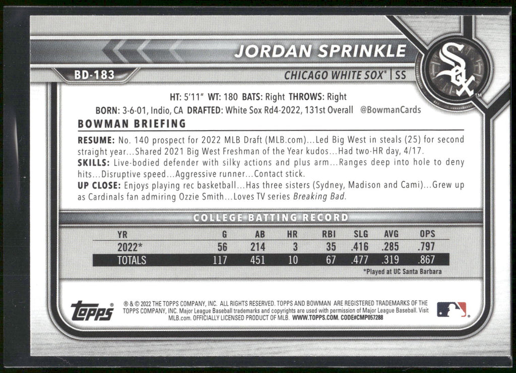 2022 Bowman Draft #BD-183 Jordan Sprinkle