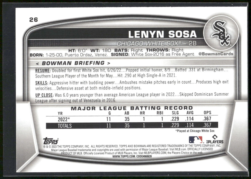 2023 Bowman #26 Lenyn Sosa