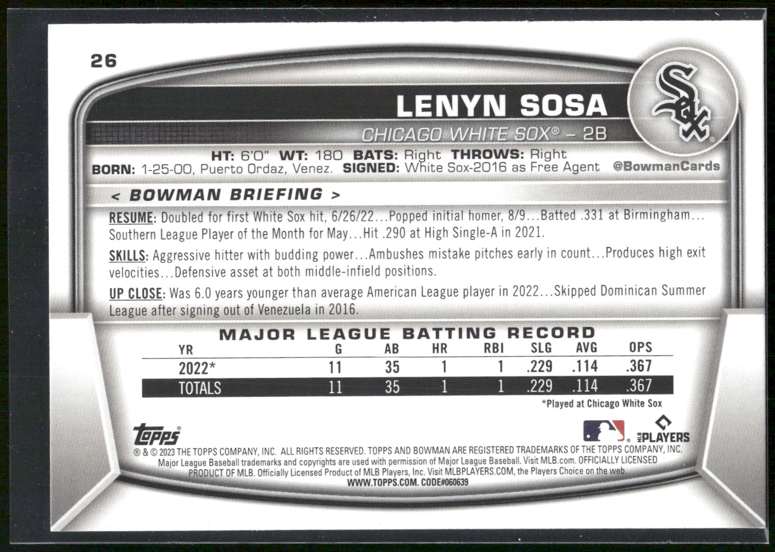 2023 Bowman #26 Lenyn Sosa