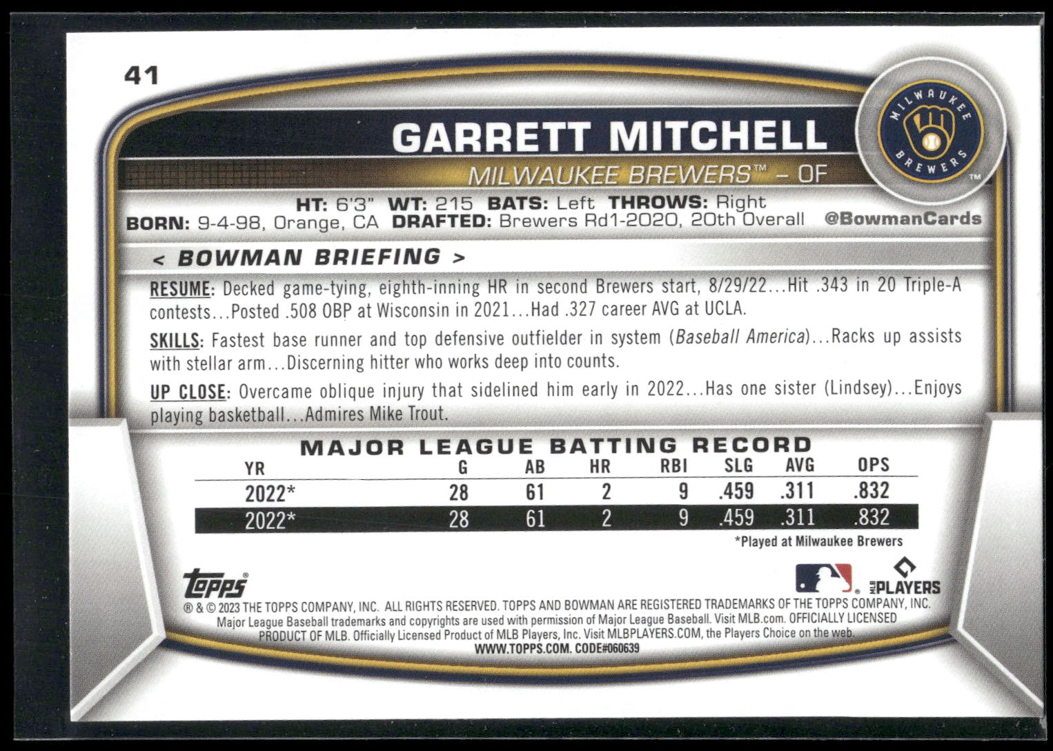2023 Bowman #41 Garrett Mitchell