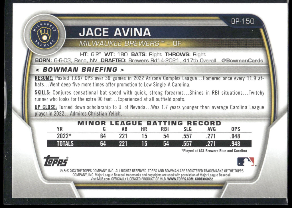 2023 Bowman #BP-150 Jace Avina Prospects