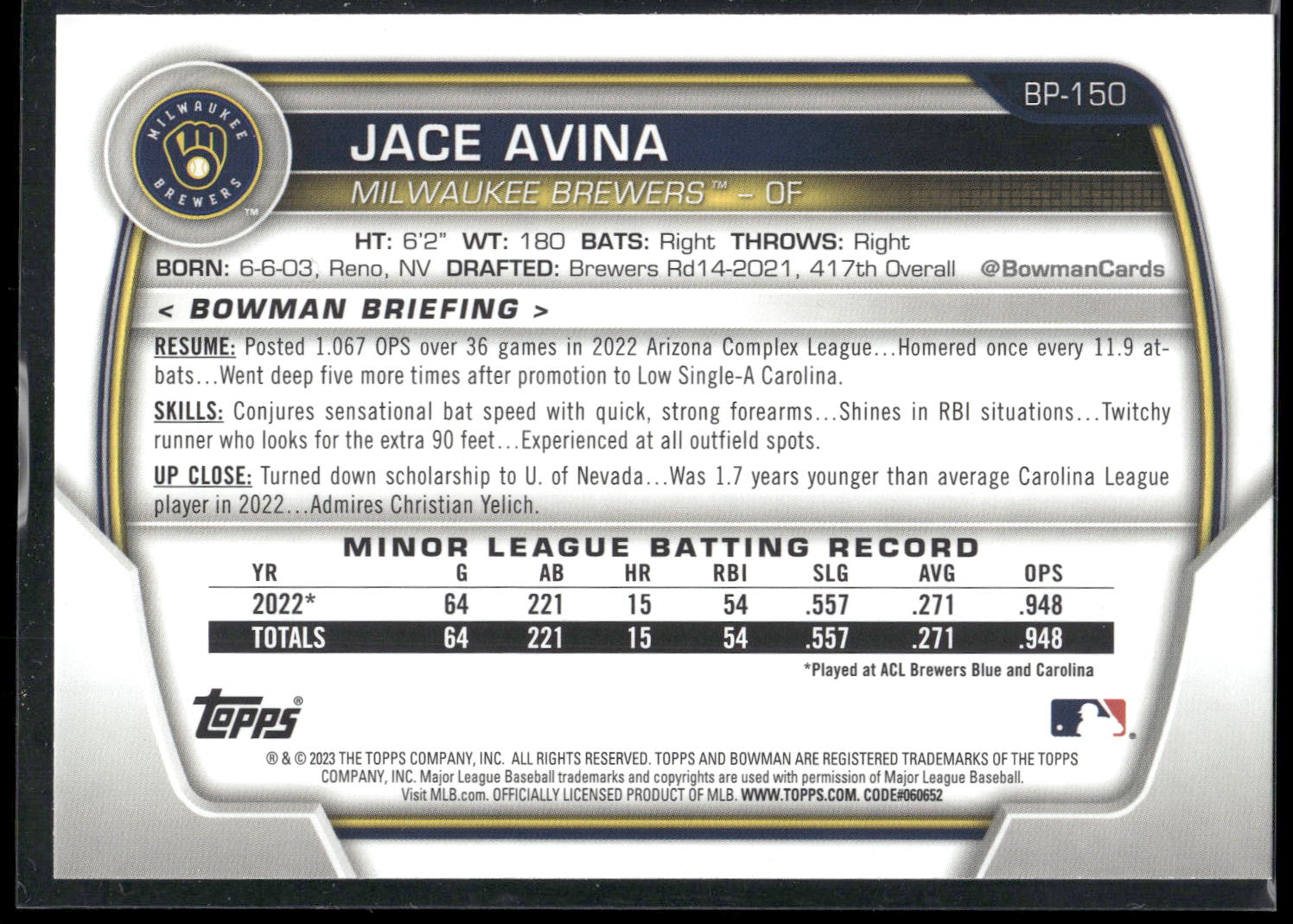2023 Bowman #BP-150 Jace Avina Prospects