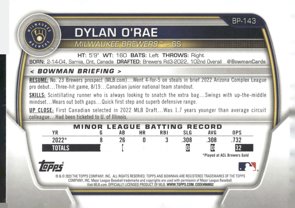 2023 Bowman #BP-143 Dylan O'Rae Prospects