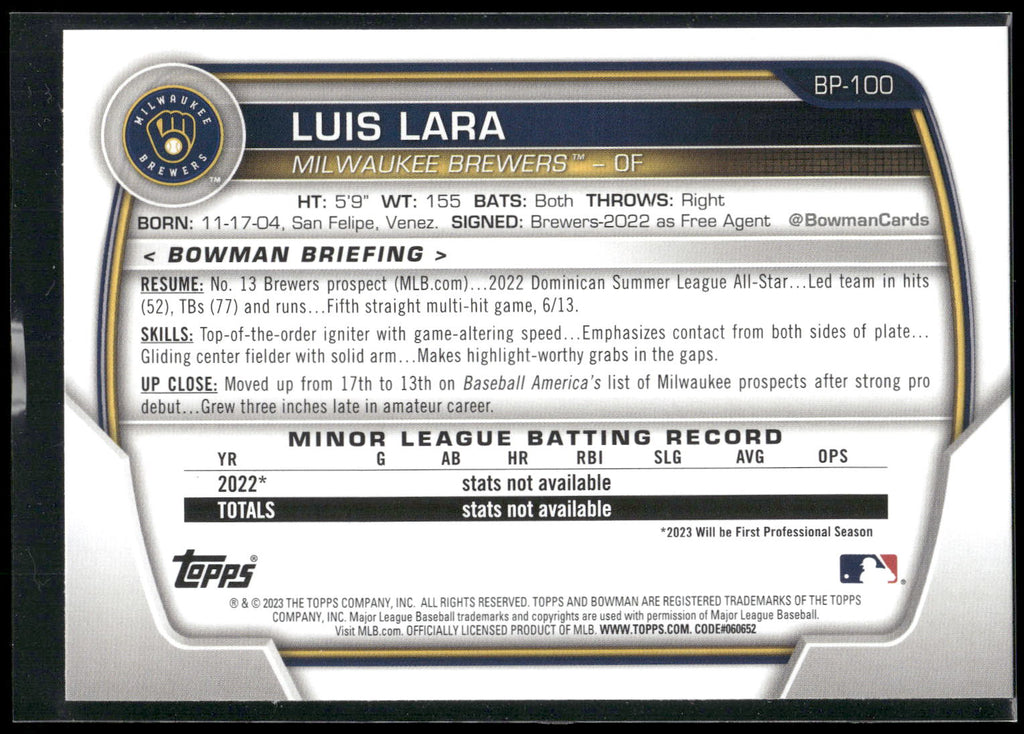 2023 Bowman #BP-100 Luis Lara Prospects