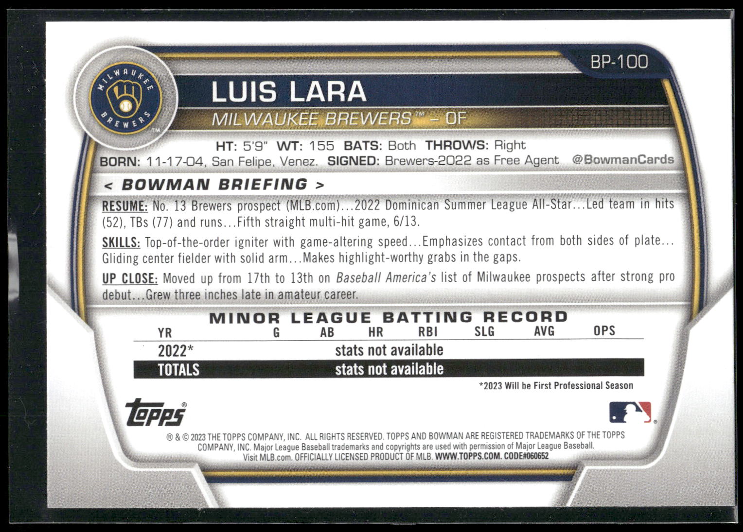 2023 Bowman #BP-100 Luis Lara Prospects