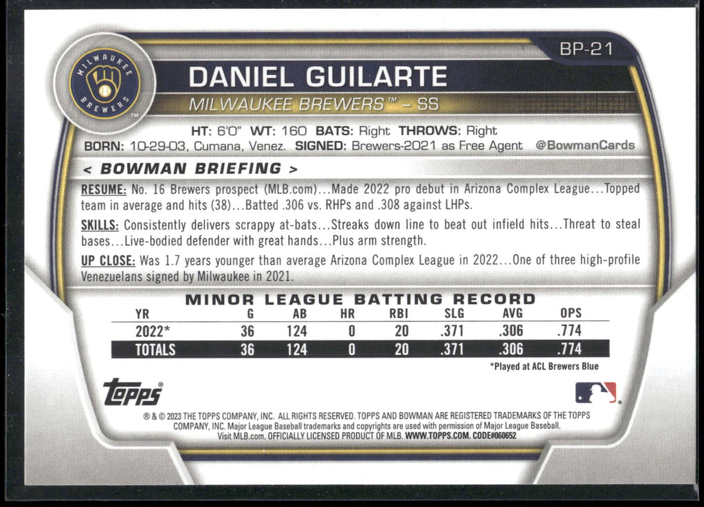 2023 Bowman #BP-21 Daniel Guilarte Prospects