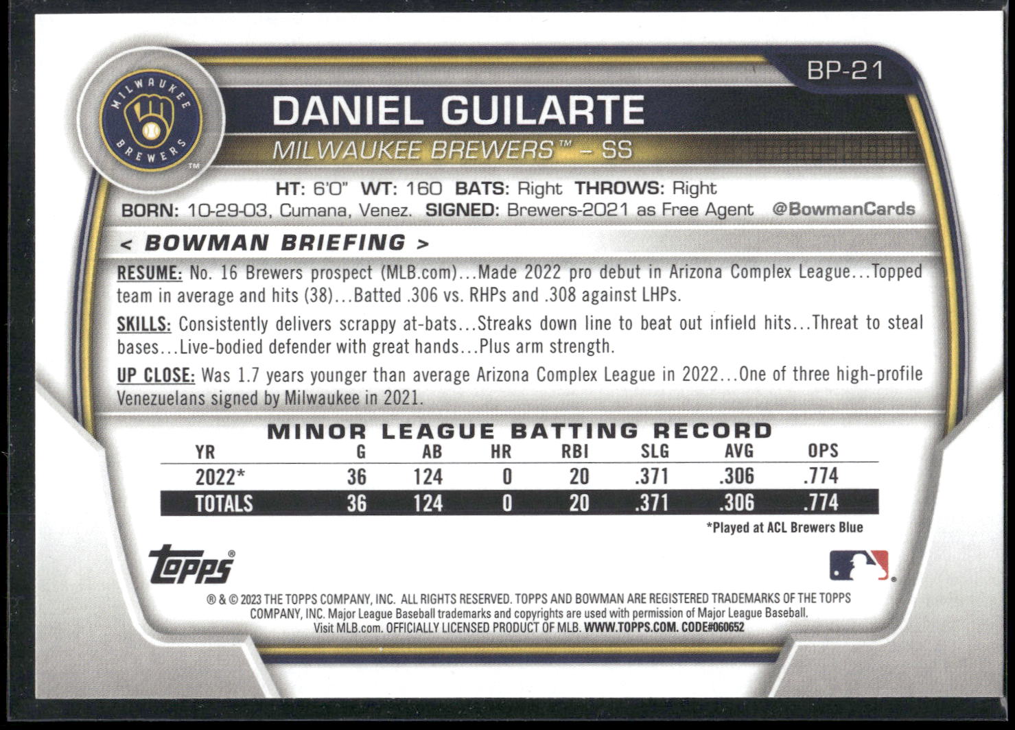2023 Bowman #BP-21 Daniel Guilarte Prospects