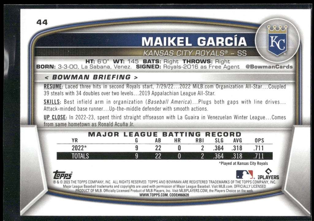 2023 Bowman #44 Maikel Garcia