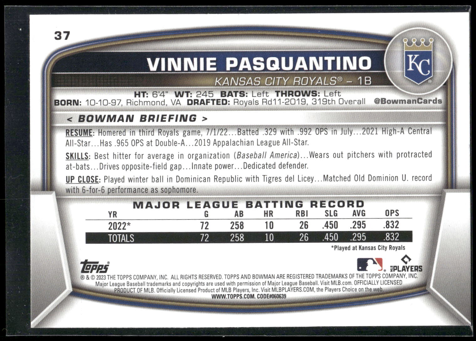 2023 Bowman #37 Vinnie Pasquantino