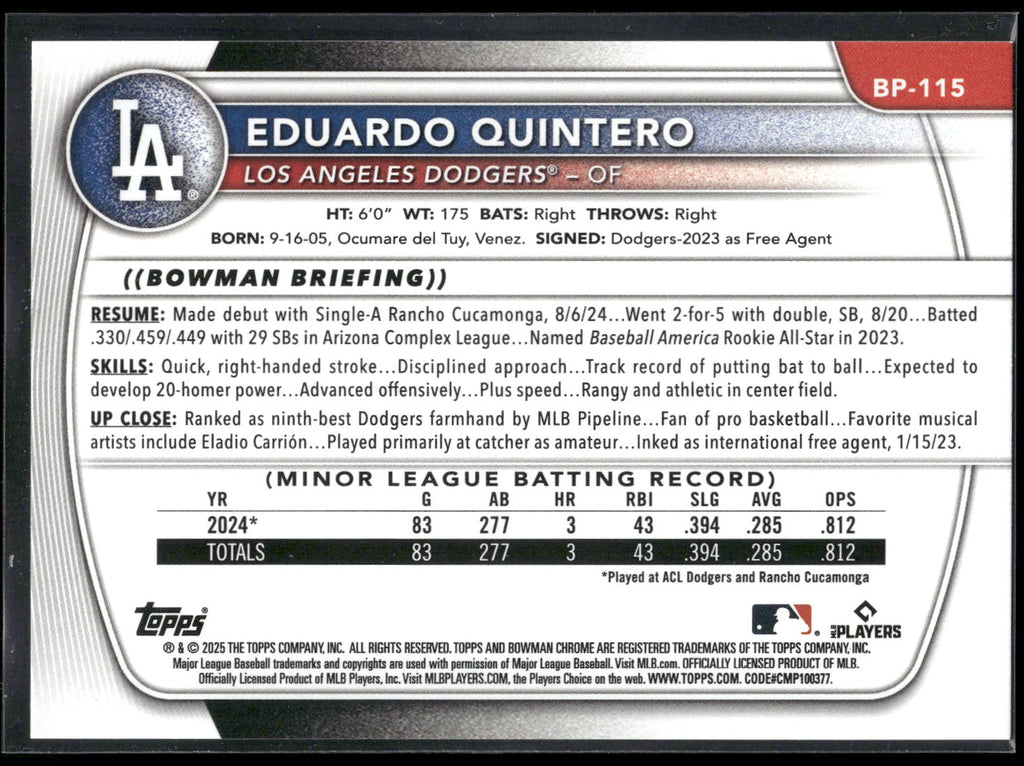 2025 Bowman #BP-115 Eduardo Quintero Prospects