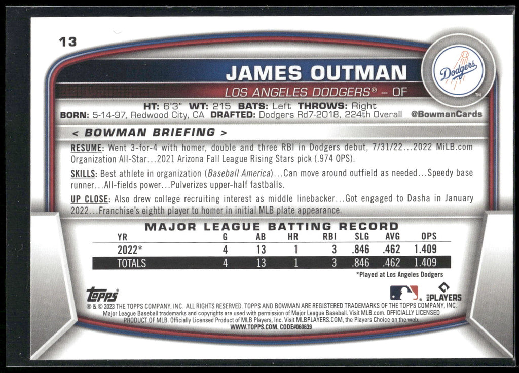 2023 Bowman #13 James Outman
