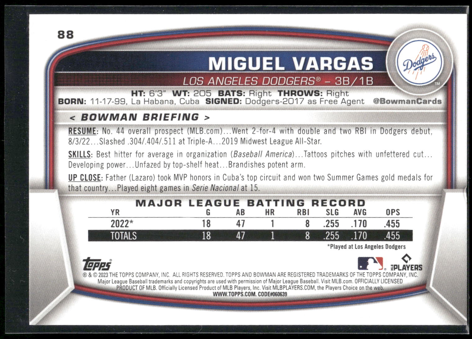 2023 Bowman #88 Miguel Vargas