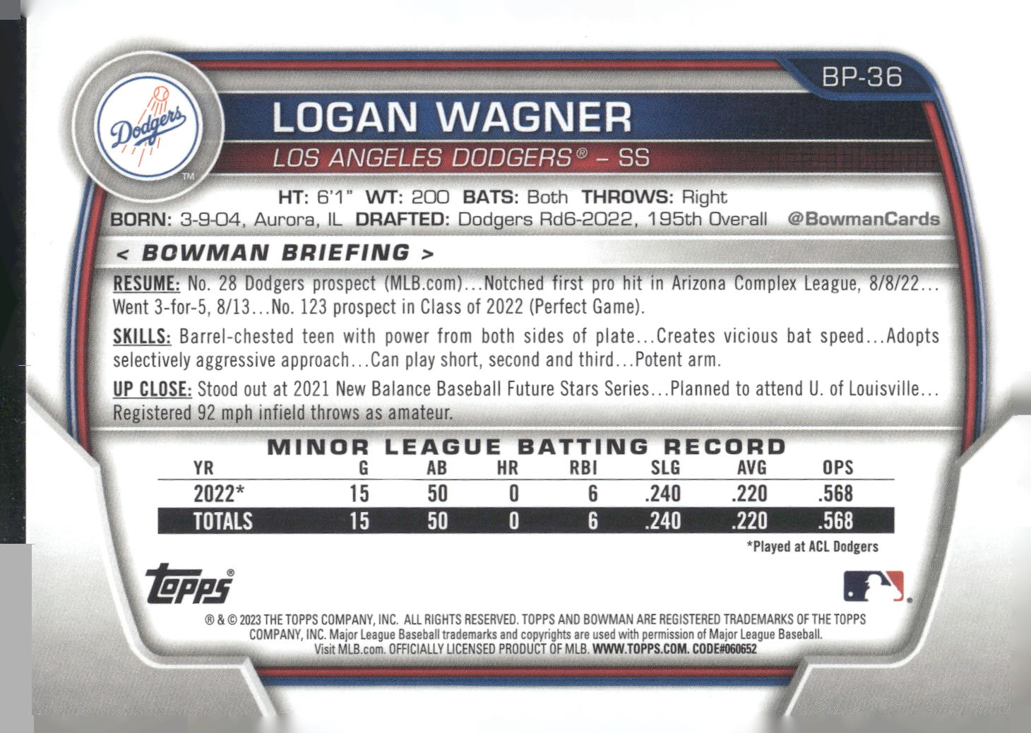 2023 Bowman #BP-36 Logan Wagner Prospects