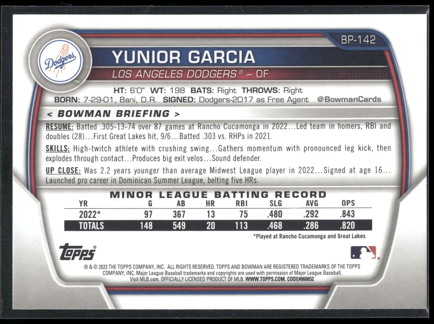 2023 Bowman #BP-142 Yunior Garcia Prospects