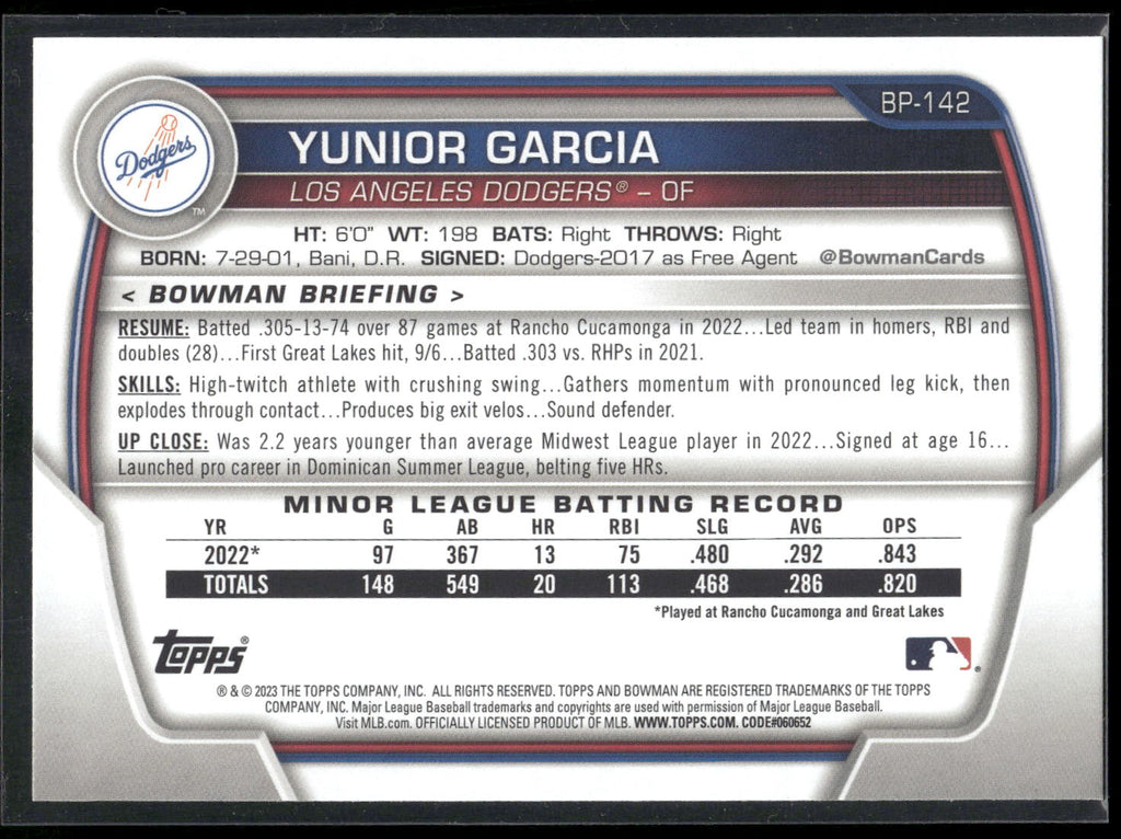 2023 Bowman #BP-142 Yunior Garcia Prospects