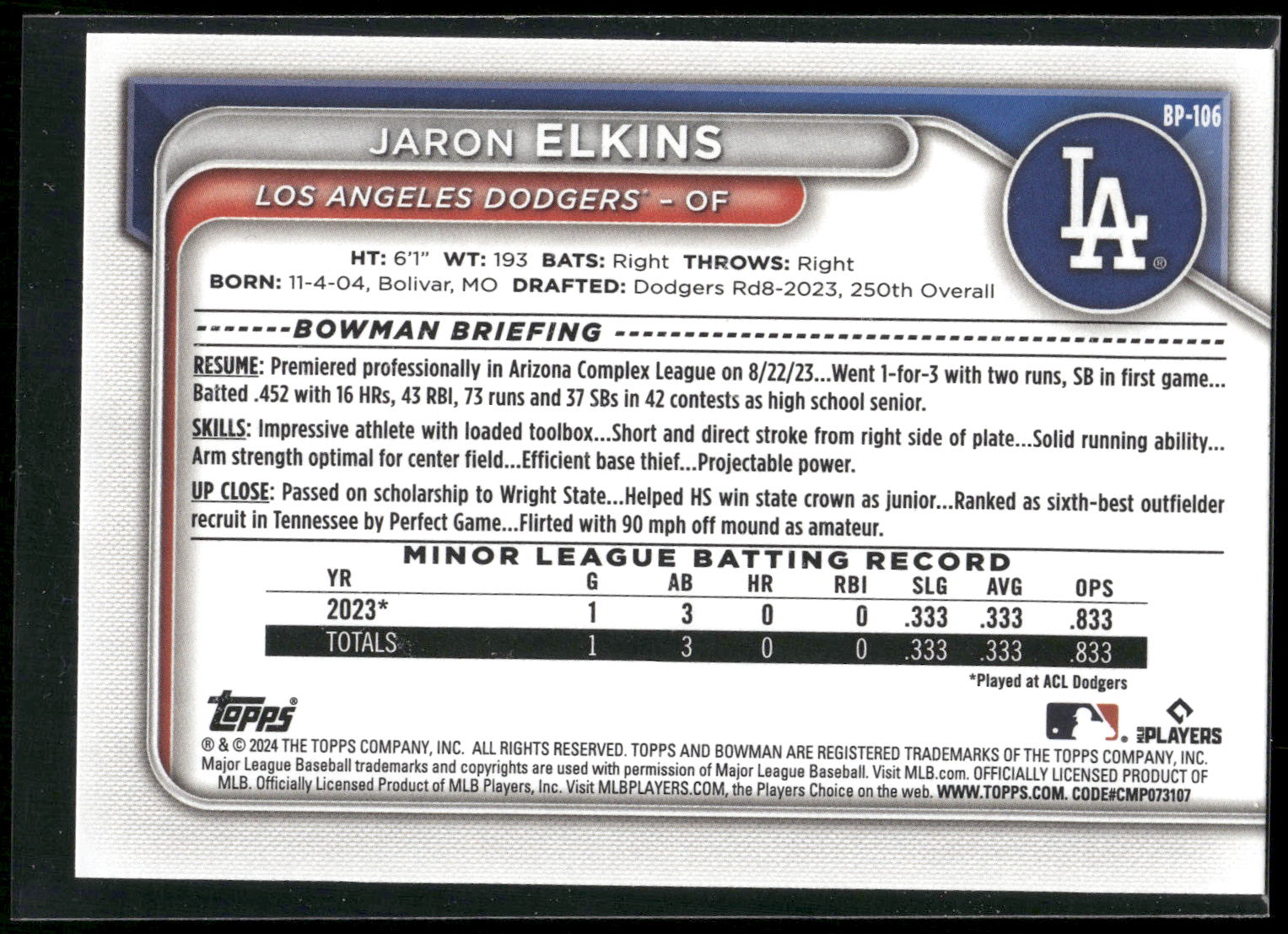 2024 Bowman #BP-106 Jaron Elkins Prospects