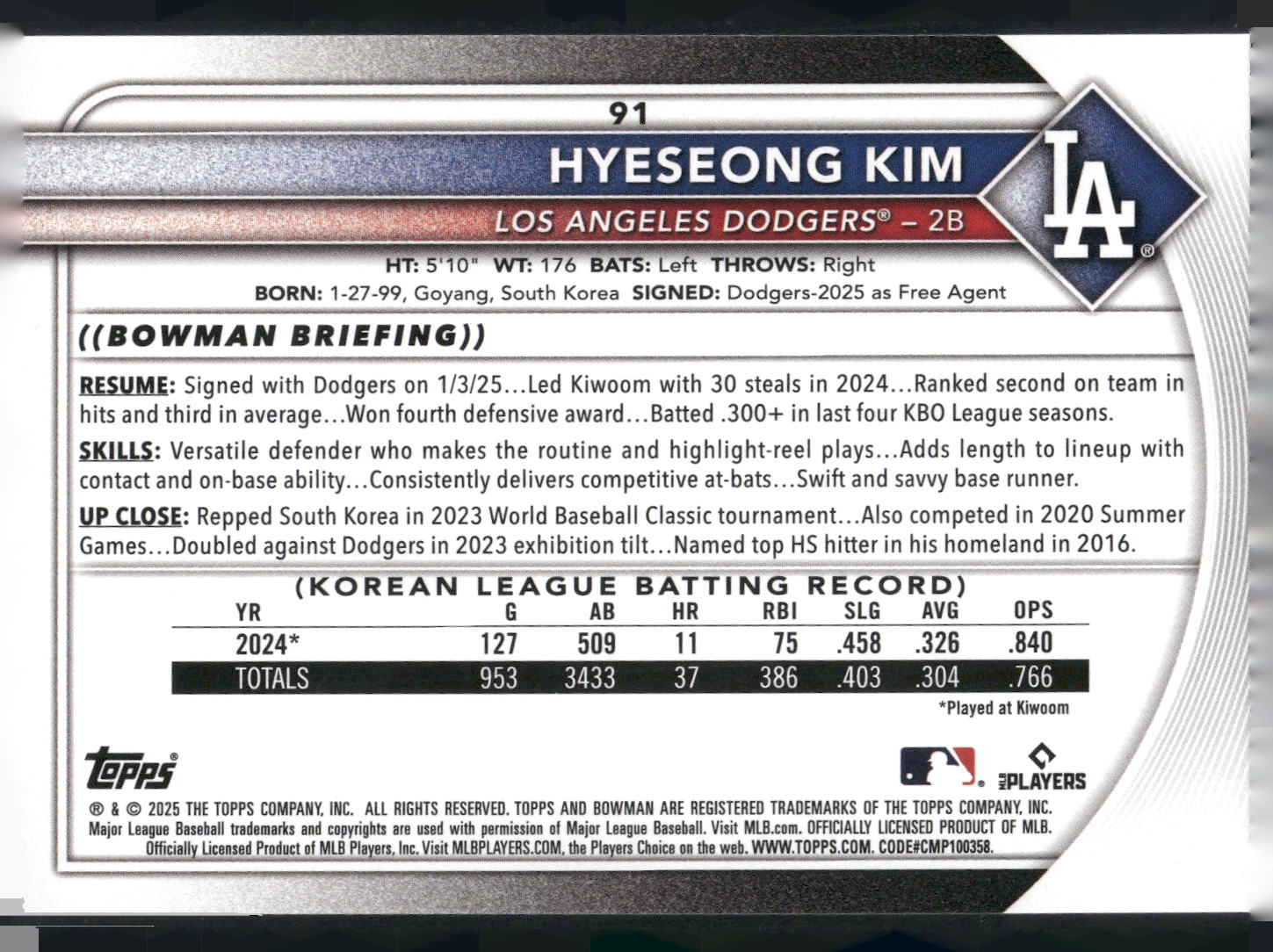 2025 Bowman #91 Hyeseong Kim