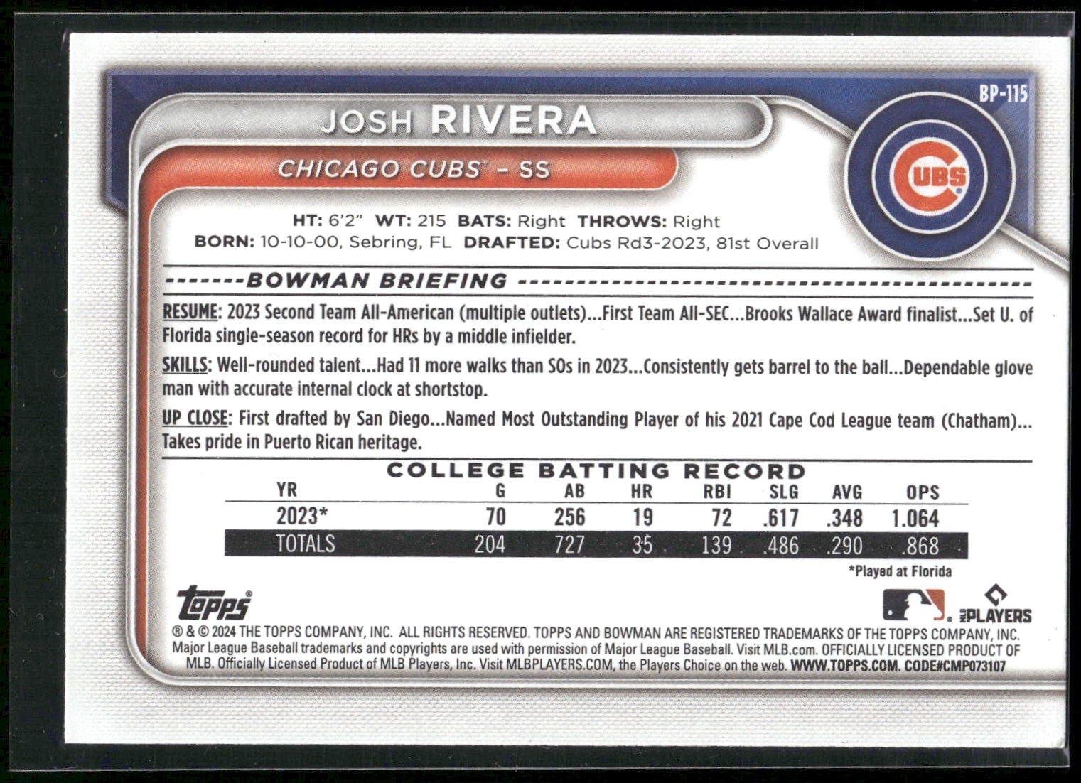 2024 Bowman #BP-115 Josh Rivera Prospects