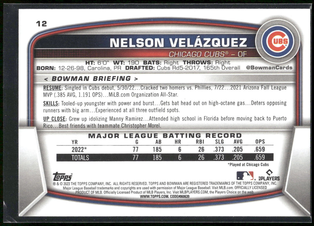 2023 Bowman #12 Nelson Velazquez