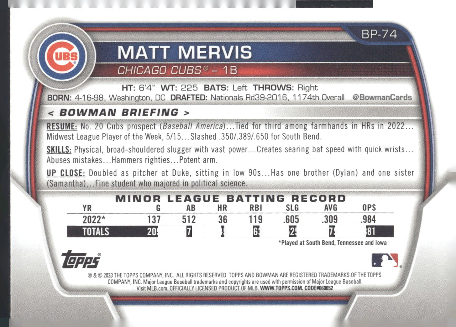 2023 Bowman #BP-74 Matt Mervis Prospects