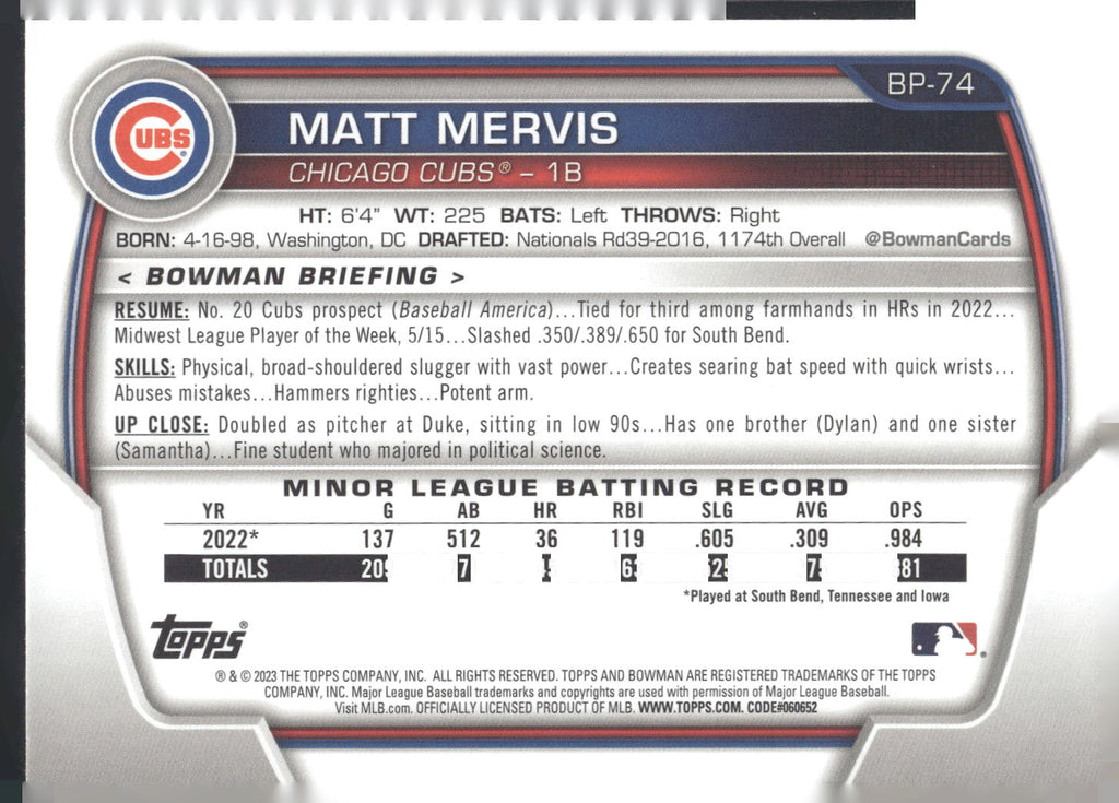 2023 Bowman #BP-74 Matt Mervis Prospects