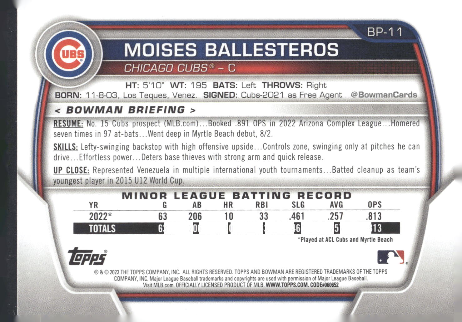 2023 Bowman #BP-11 Moises Ballesteros Prospects