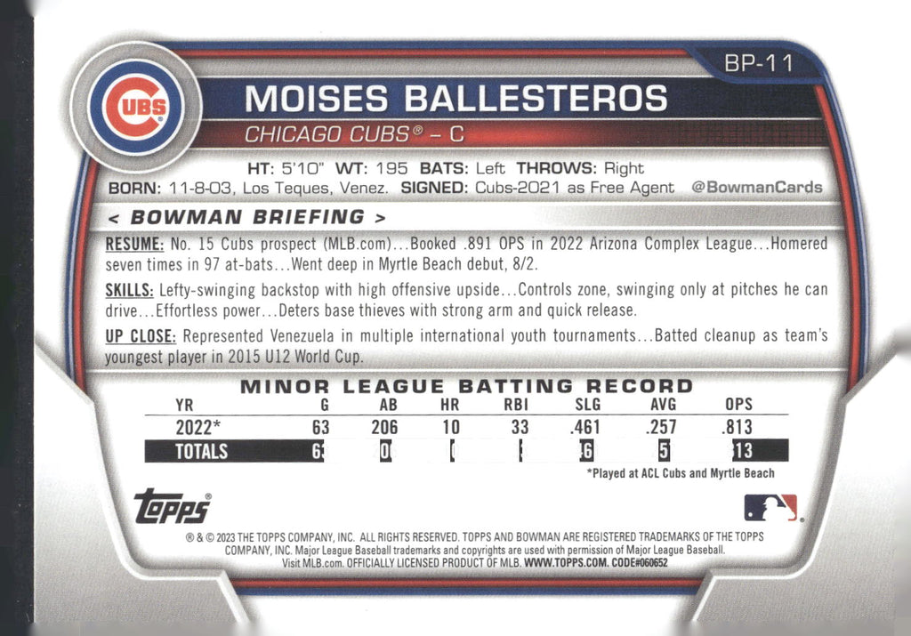 2023 Bowman #BP-11 Moises Ballesteros Prospects