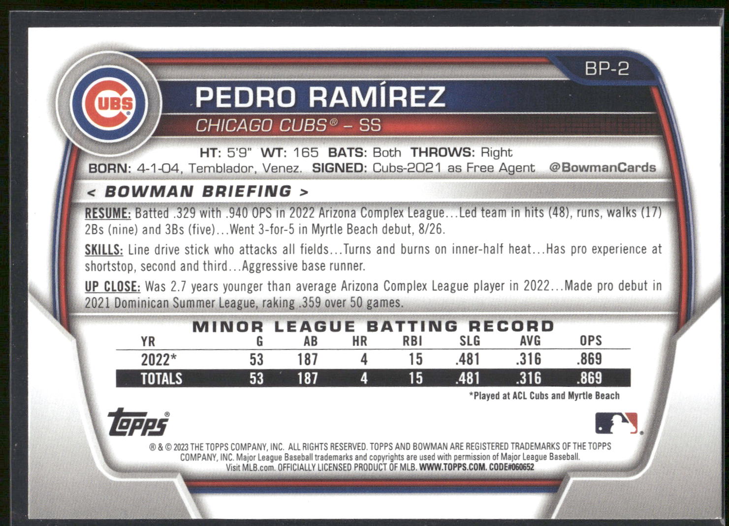 2023 Bowman #BP-2 Pedro Ramirez Prospects