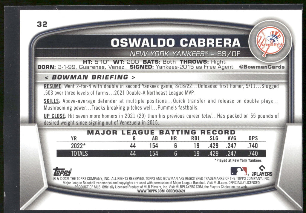 2023 Bowman #32 Oswaldo Cabrera