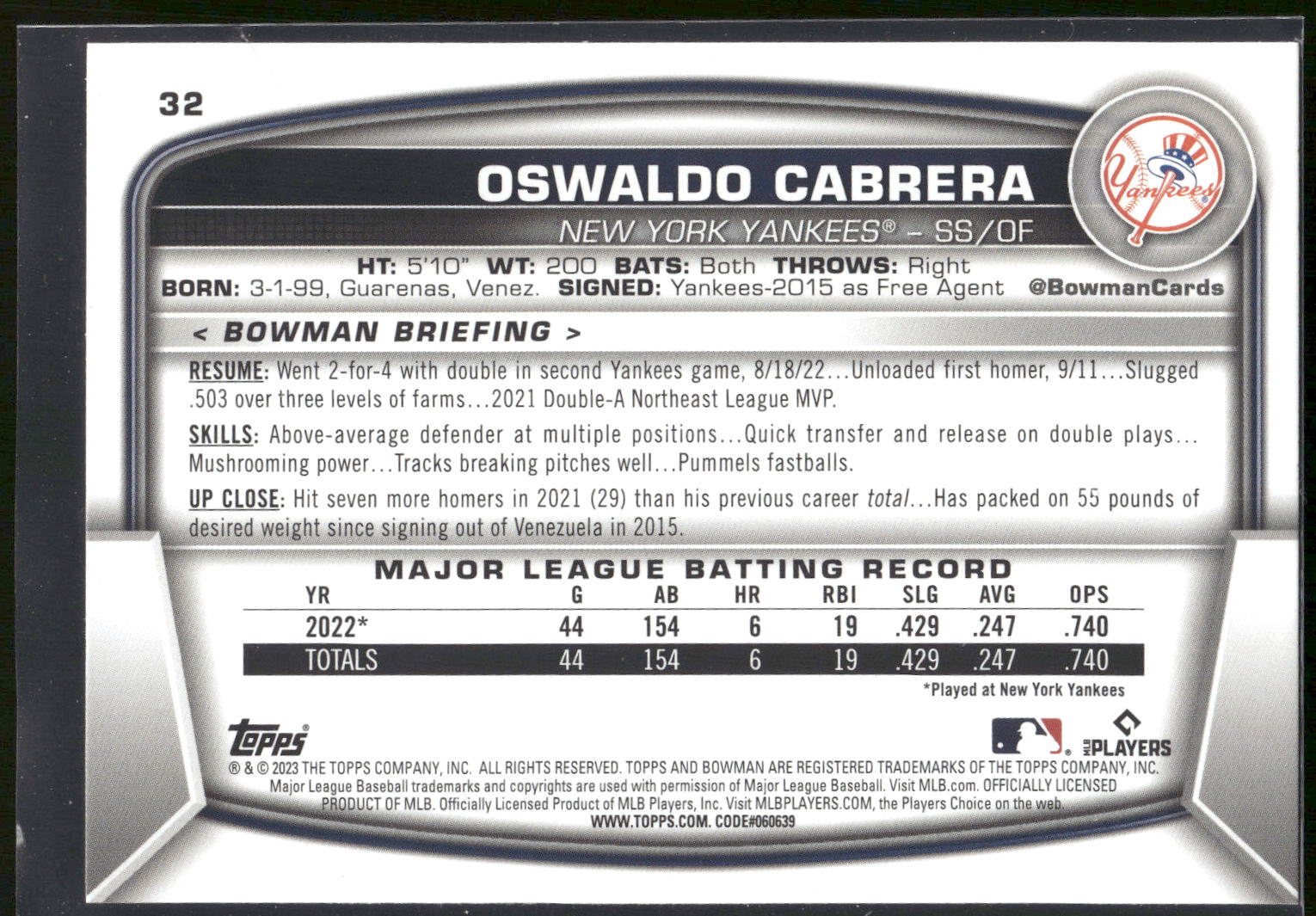 2023 Bowman #32 Oswaldo Cabrera