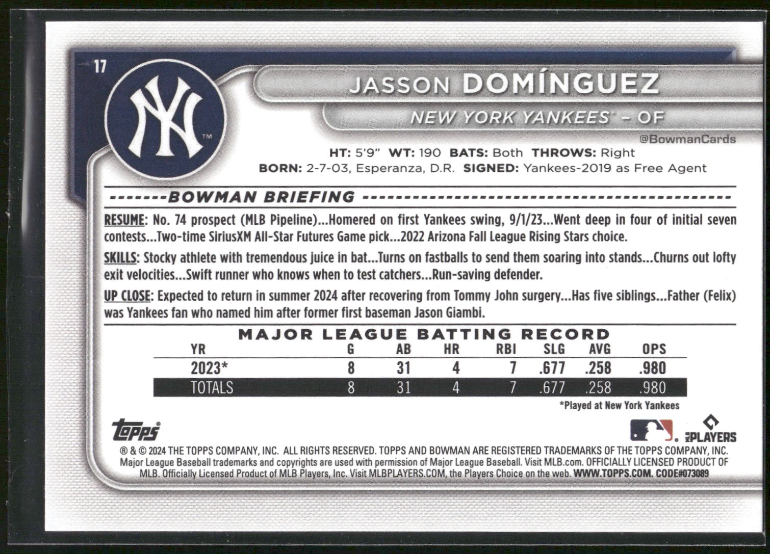 2024 Bowman #17 Jasson Domínguez