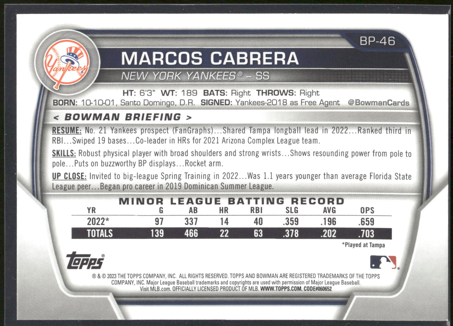 2023 Bowman #BP-46 Marcos Cabrera Prospects