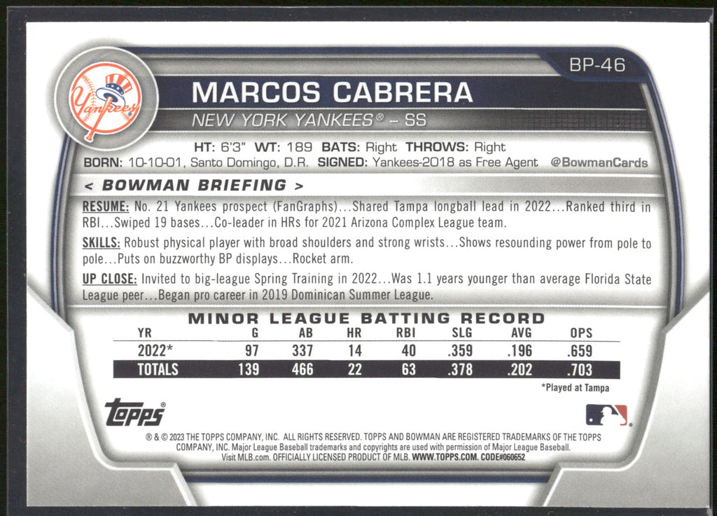 2023 Bowman #BP-46 Marcos Cabrera Prospects