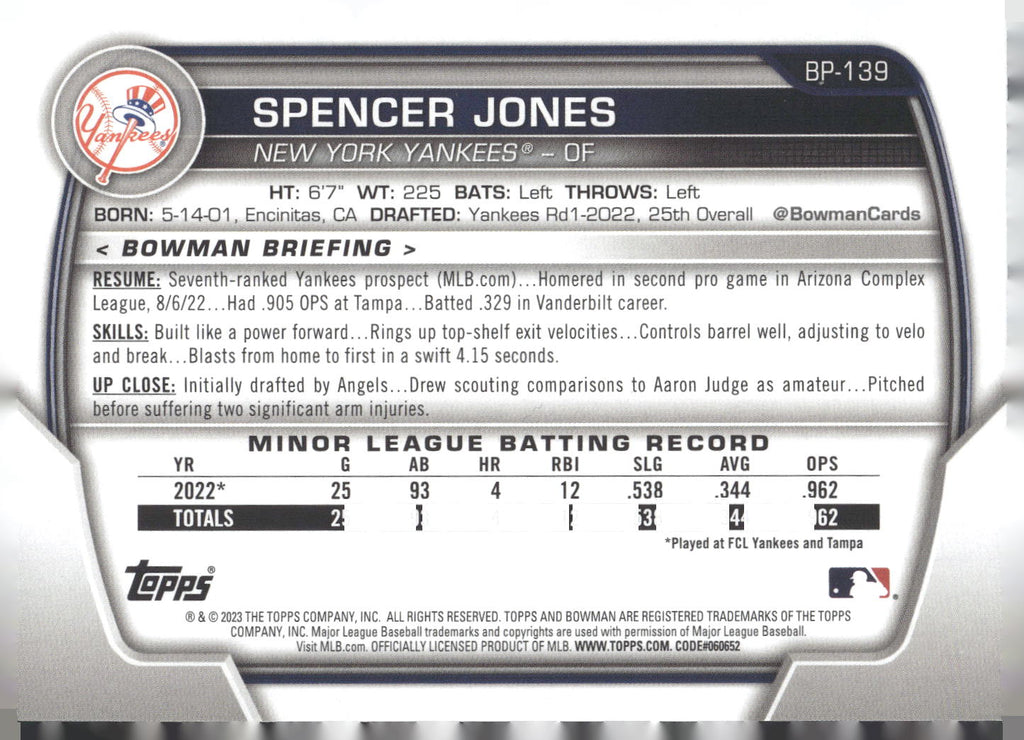 2023 Bowman #BP-139 Spencer Jones Prospects