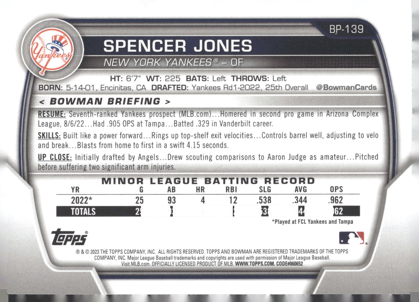 2023 Bowman #BP-139 Spencer Jones Prospects
