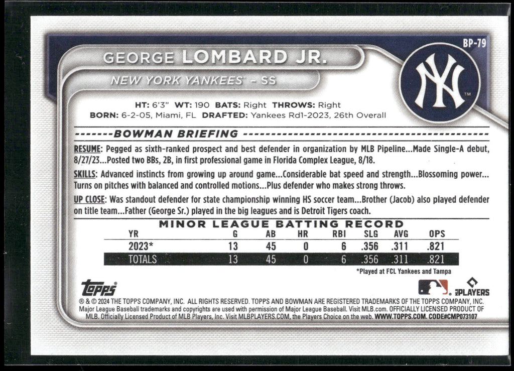 2024 Bowman #BP-79 George Lombard Jr. Prospects