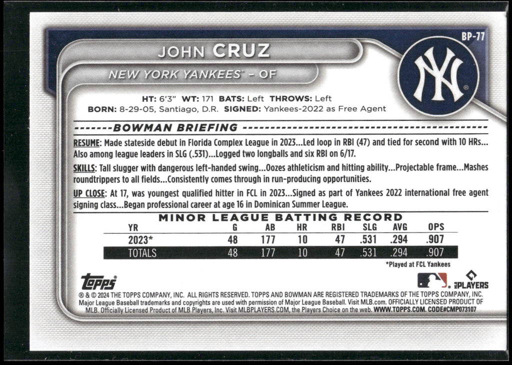 2024 Bowman #BP-77 John Cruz Prospects