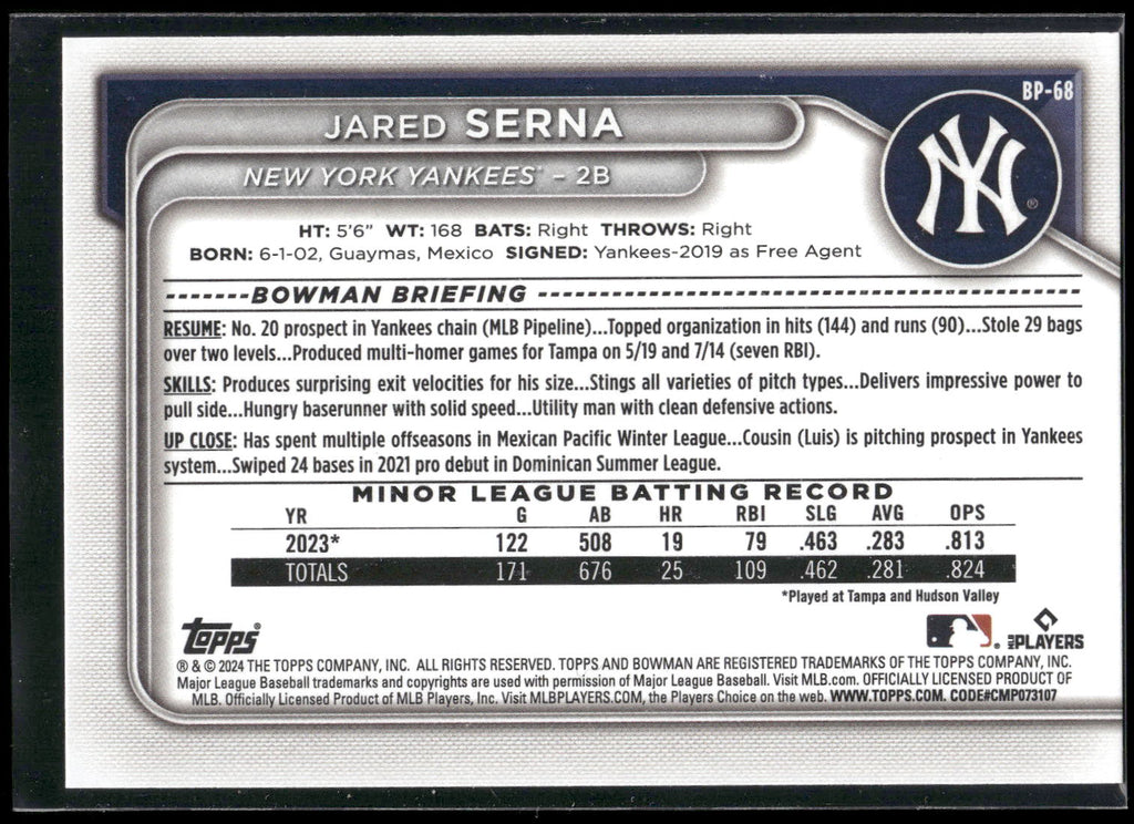 2024 Bowman #BP-68 Jared Serna Prospects