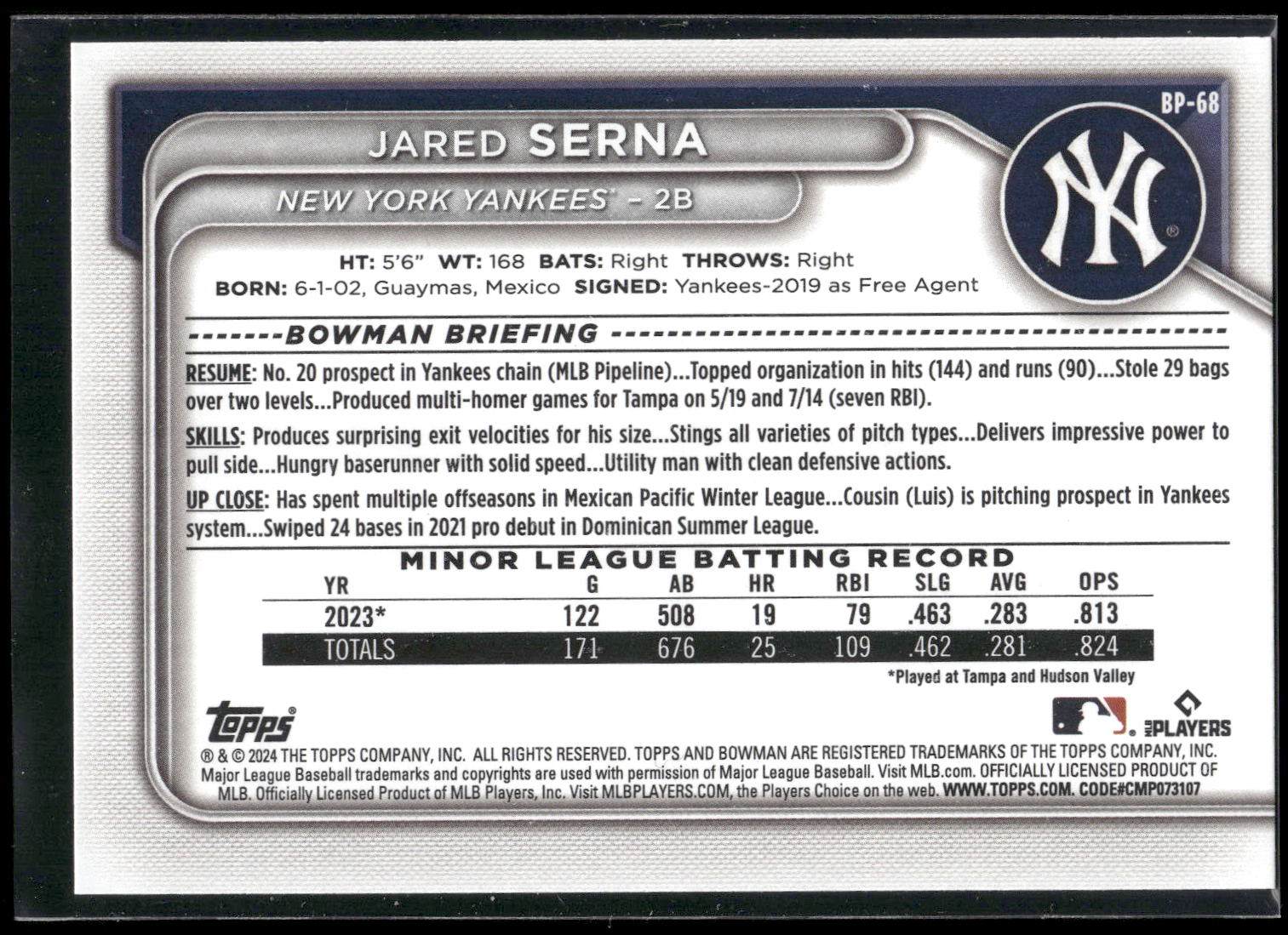 2024 Bowman #BP-68 Jared Serna Prospects
