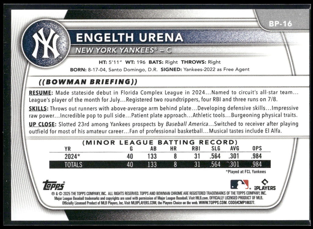 2025 Bowman #BP-16 Engelth Urena Prospects