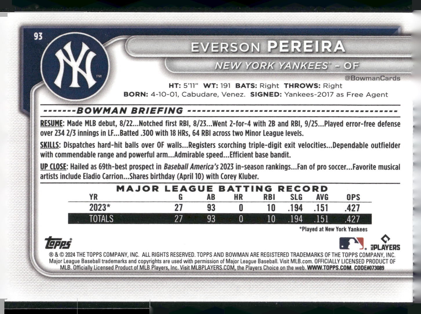 2024 Bowman #93 Everson Pereira