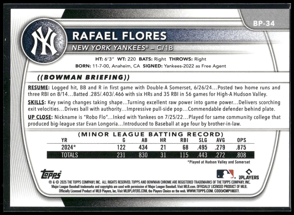 2025 Bowman #BP-34 Rafael Flores Prospects